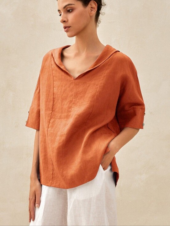 Lintico Tops - Lintico 100% Linen V Neck Short Sleeve Shirt Size M Sierra Burnt Orange